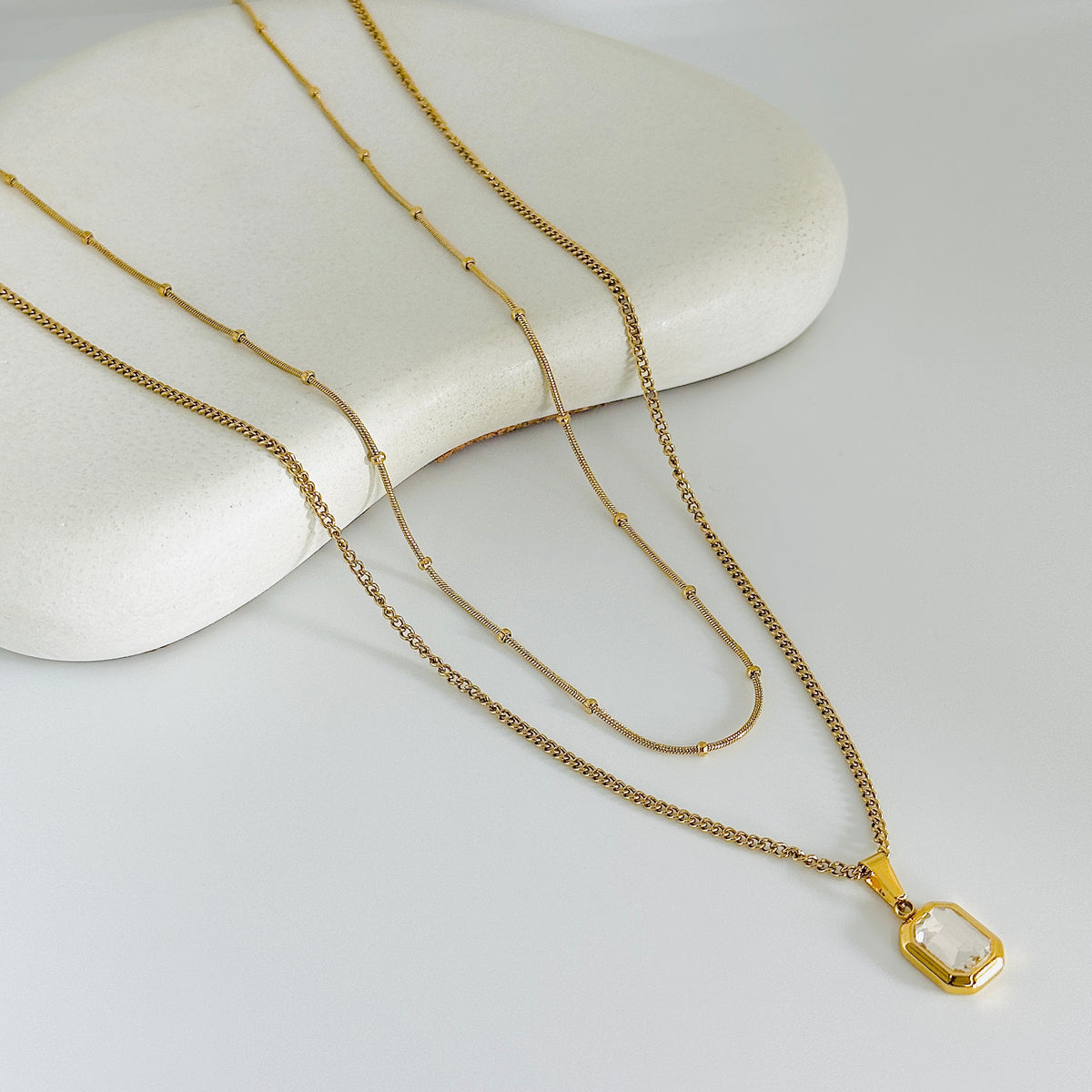 White Block Stone Layered Necklace